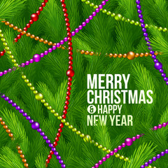 Christmas tree branches and color beads - holidays background