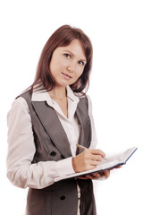 Business woman holding diary and pen, isolated
