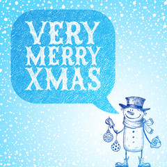 Snowman with holidays baubles congratulates you with Christmas