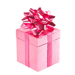 pink gift box with bow on white