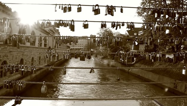 Locks on the bridge. Ljubljana, capitol of Slovenia, Europe.