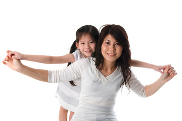 asian girl and mother with isolated white background