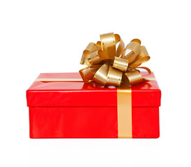 Isolated red gift box with a gold bow on a holiday