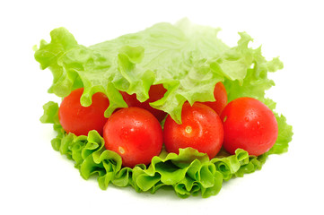 Group of tomato and green salad isolated on white background