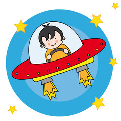Garçon volant dans un vaisseau spatial
