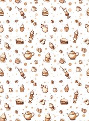 Seamless pattern with coffee, cakes, cups,