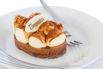 Delicious tiramisu sweet with label
