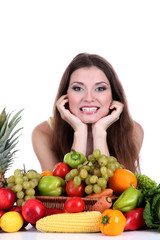 Beautiful woman with vegetables and fruits