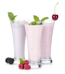 Blackberry, raspberry and cherry milk smoothie with mint