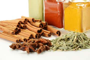 Variety of spices on kitchen table