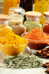 Variety of spices on kitchen table