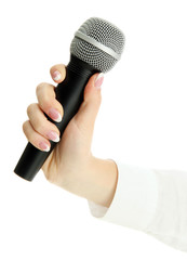 female hand with microphone isolated on white