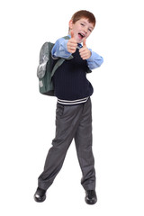 Full length portrait of a schoolboy isolated on white background