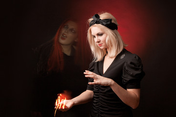 Witch sees a terrifying ghost on black background