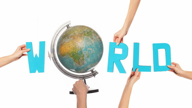 Word WORLD with a spinning globe for the O