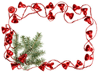 Christmas red bell garland frame with fir branch, isolated on wh