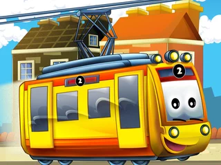  Vrolijke tram in de stad - illustratie voor de kinderen © honeyflavour