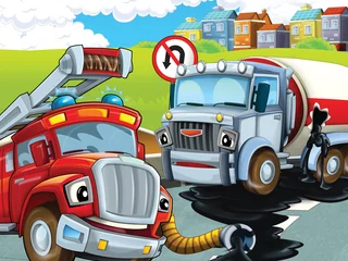 Badezimmer Foto Rückwand Die Feuerwehrauto-Rettung - Illustration für die Kinder © honeyflavour
