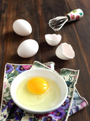 Cooking, whisk with eggs in a bowl and egg shells