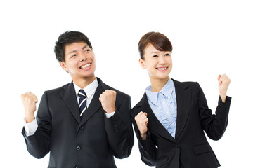 Young asian smiling business woman and businessman