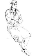 Fototapeta premium sketch of man in a dressing-gown sits barefoot