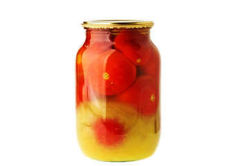 Glass jar with pickled tomatoes isolated on white