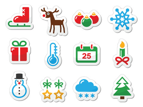Christmas winter black icons set as labels