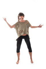 Beautiful brunette girl dancing over white background. Studio sh