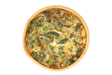 Vegetable quiche isolated on white background