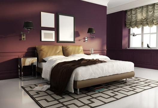 Elegant dark red luxury  bedroom. contemporary paris style