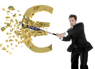 American  businessman breaks the euro with a baseball bat