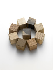 various wooden cubes on a white background