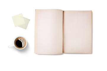 Workspace with coffee cup, note paper and notebook, isolated on