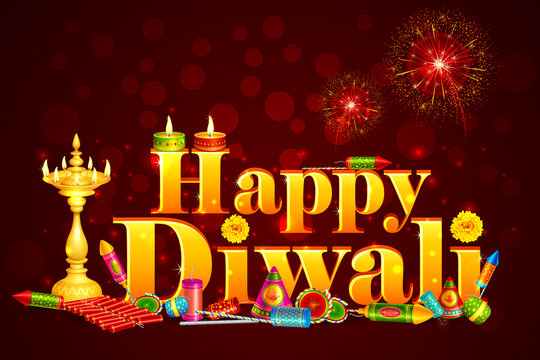 vector illustration of Happy Diwali with diya and fire cracker
