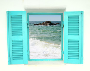 Greek style window with sea view © geargodz