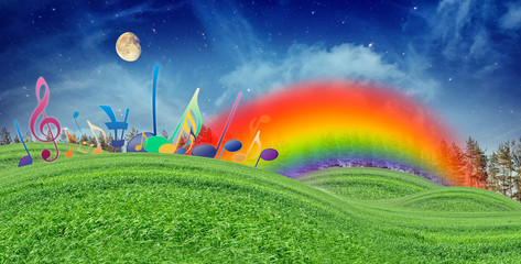 Music Notes, Rainbow and Moon in Blue Sky over Green Hills