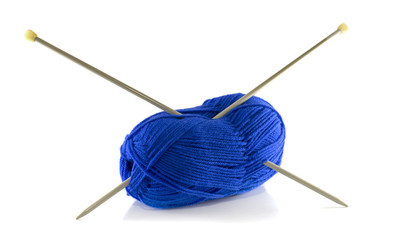 knitting needles and blue wool