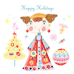 greeting card with little girl and Christmas tree