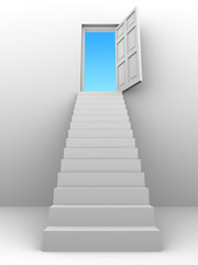 3d Stairway to door with blue sky