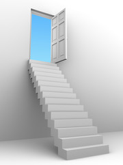 3d Door with blue sky at top of staircase