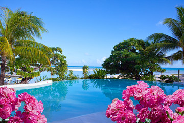The pool on the seashore in tropical plants and flowers