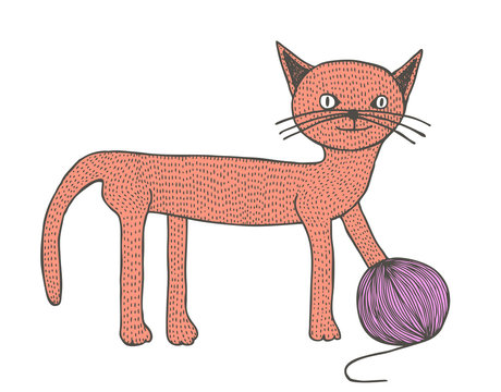 Hand drawn cat with skein, retro illustration