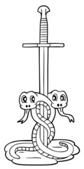 Cute snakes with sword, coloring page illustration
