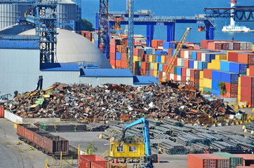 Scrap metal, container and pipe in port, Odessa, Ukraine