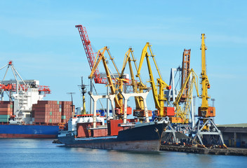 Bulk cargo ship under port crane bridge, Odessa, Ukraine