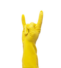 yellow cleaning glove on white