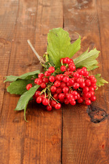 Ripe viburnum on wooden background close-up