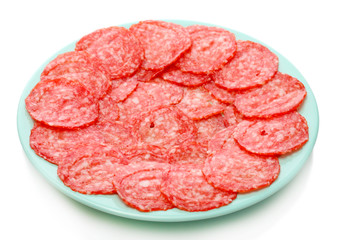 tasty sausage on plate, isolated on white