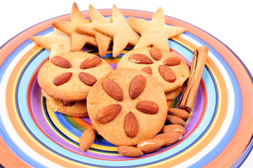 homemade biscuits on colourful dish. Christmas cookies