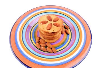 homemade biscuits on colourful dish. Christmas cookies